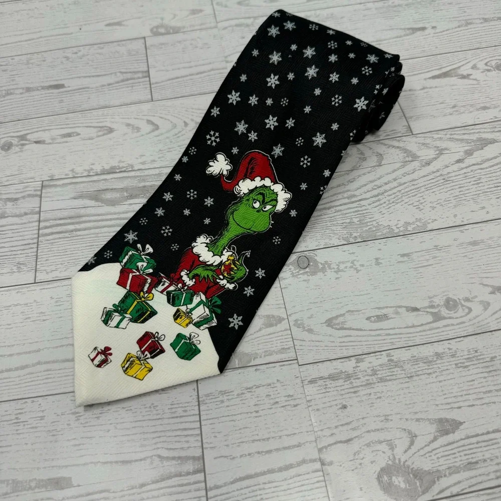 Dr Seuss The Grinch Christmas Tie Men Black Snowflakes Holiday Necktie‎